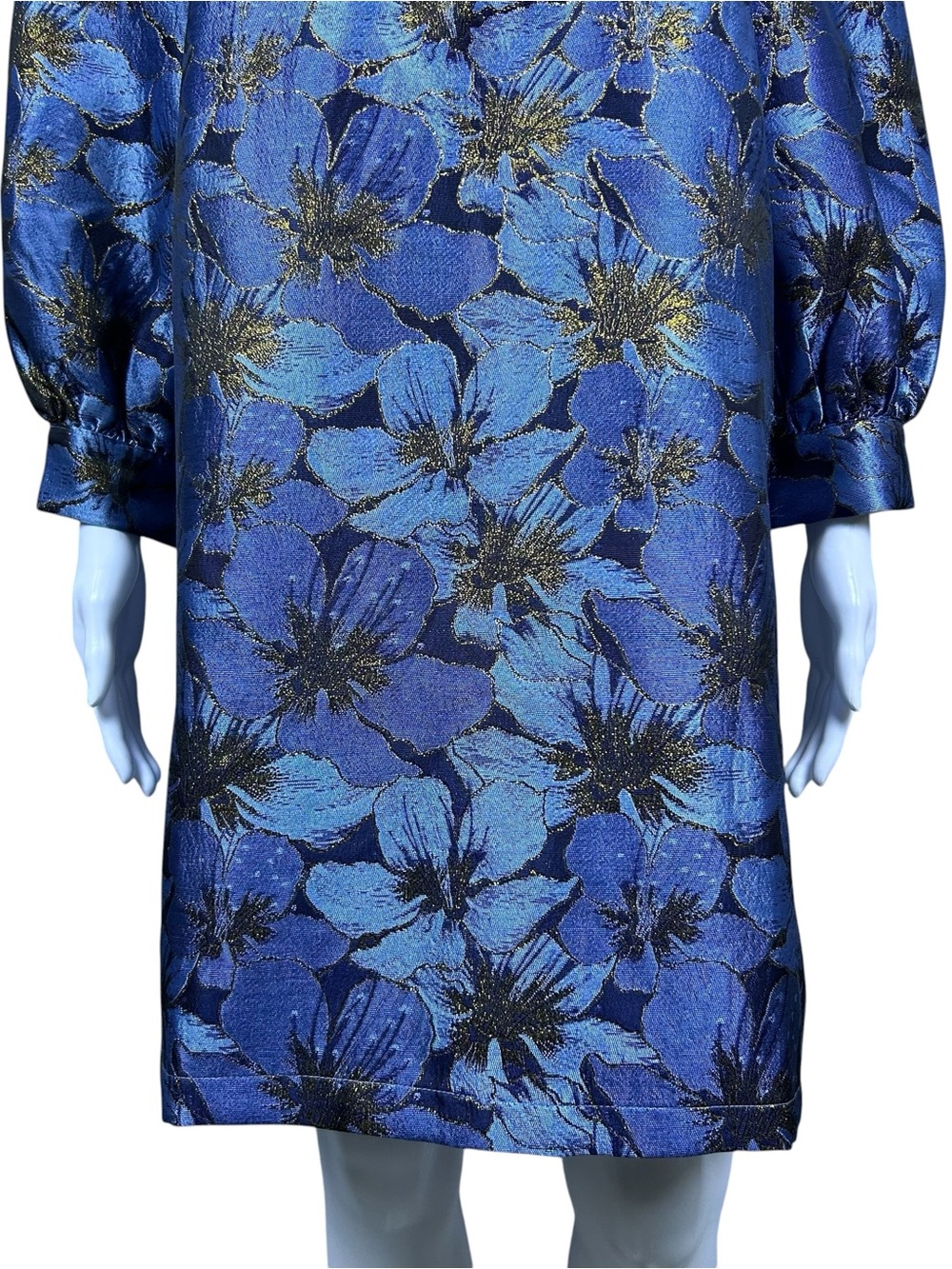 Pomander Place Tuckernuck Samantha Dress M Blue Gold Floral Jacquard Textured - Picture 9 of 16